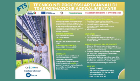 Corso gratuito IFTS Tecnico nei processi artigianali di trasformazione agroalimentare - scadenza 16/10/2026